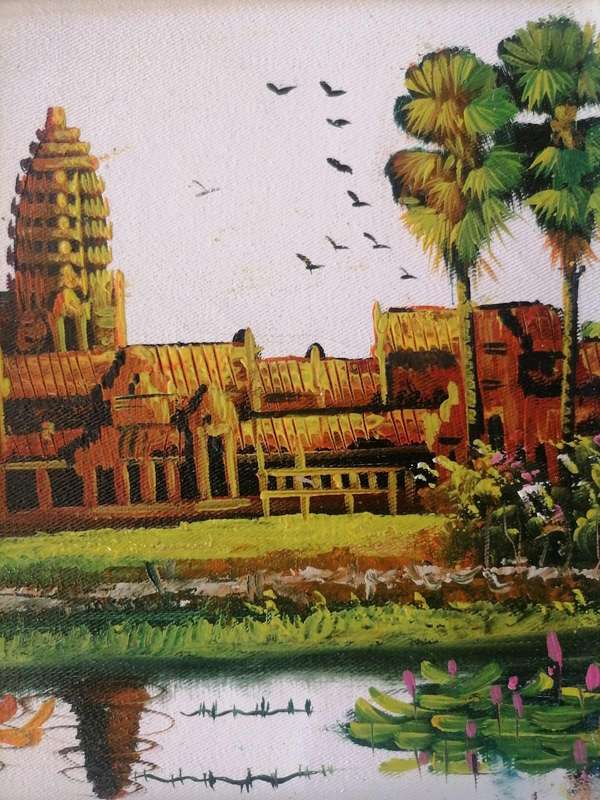 Framed Angkor Wat Temple Painting  Hand-Painted on Canvas  Southeast Asian Art