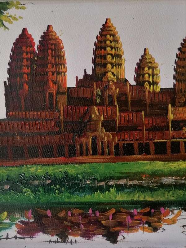 Framed Angkor Wat Temple Painting  Hand-Painted on Canvas  Southeast Asian Art