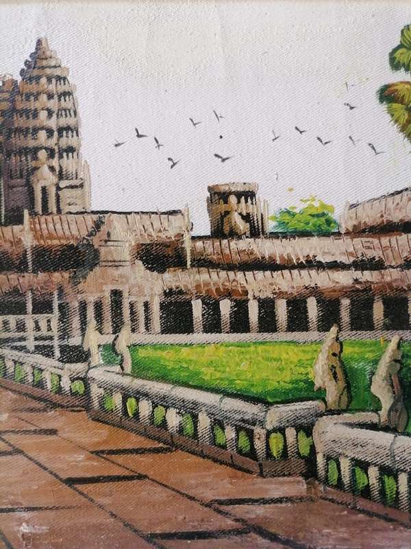 Hand-Painted Angkor Wat Temple Landscape  Framed Oil on Canvas Painting