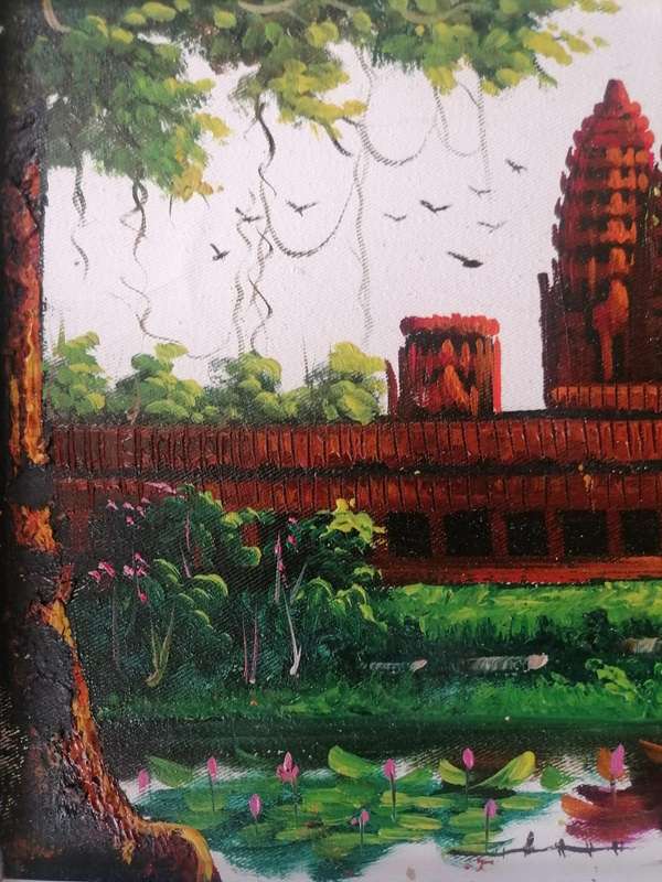 Framed Angkor Wat Temple Painting  Hand-Painted on Canvas  Southeast Asian Art