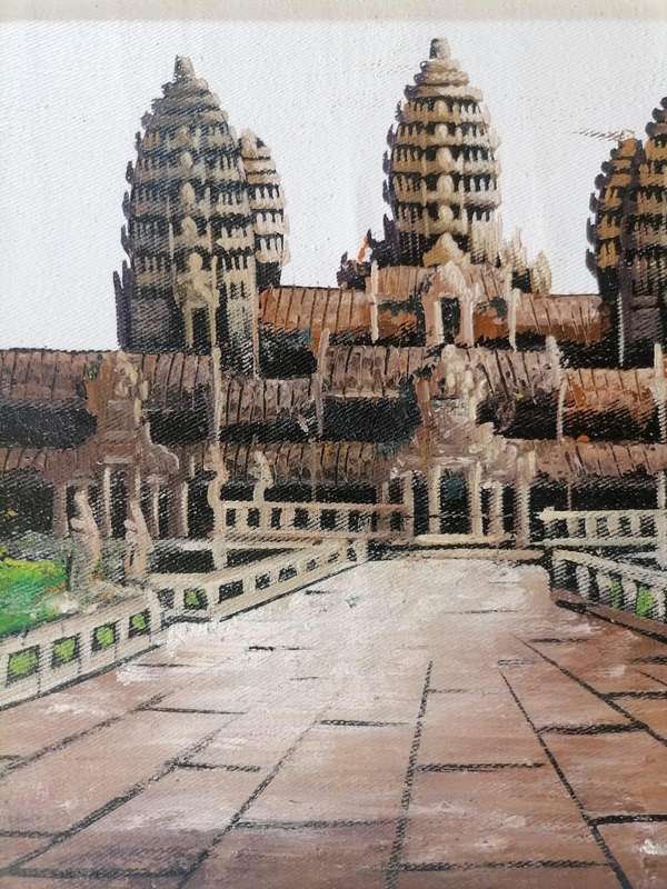 Hand-Painted Angkor Wat Temple Landscape  Framed Oil on Canvas Painting