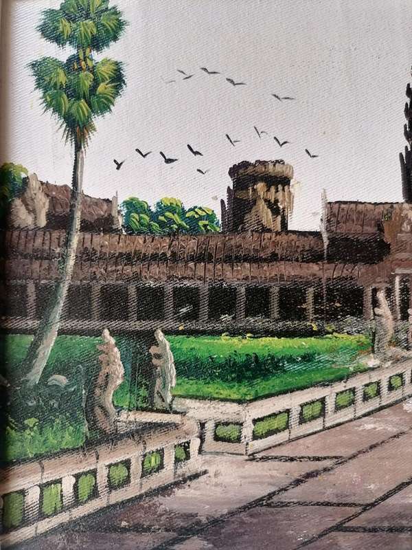 Hand-Painted Angkor Wat Temple Landscape  Framed Oil on Canvas Painting