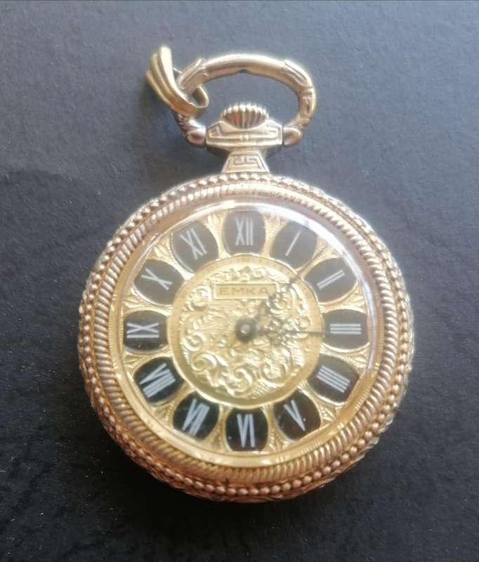 Vintage Emka Swiss Pocket Watch  15 Jewels Mechanical  Ornate Gold Case  Working Condition