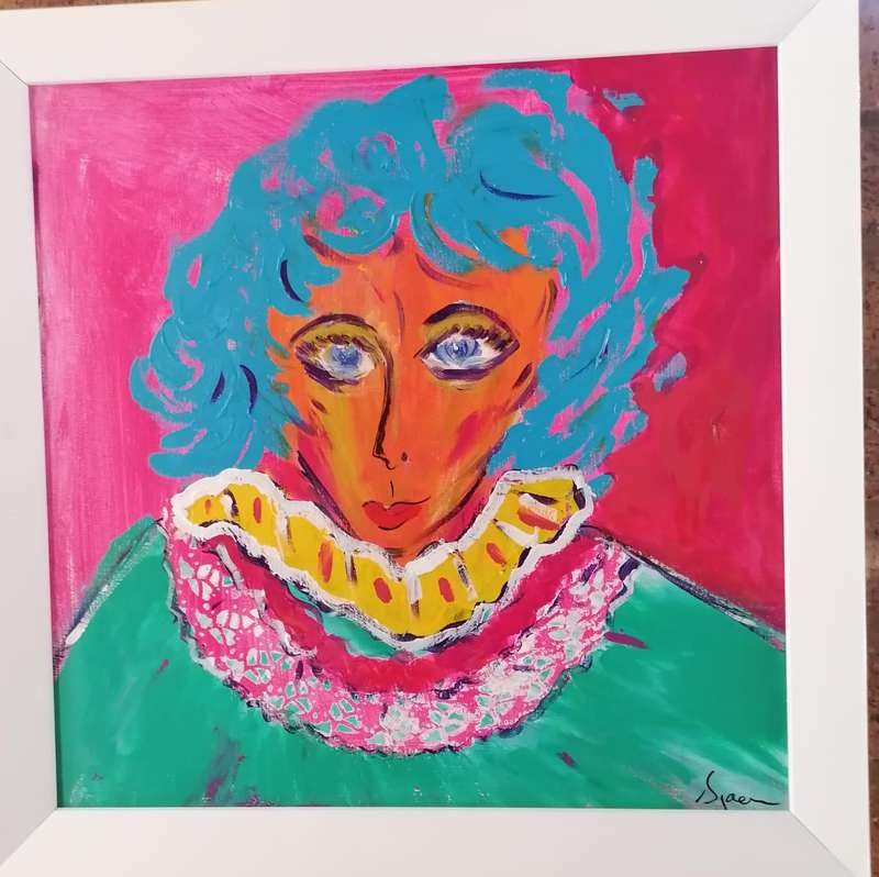 Sjaan Buchel Acrylic Painting -Woman 2 Blue - 500mmx500mm Framed
