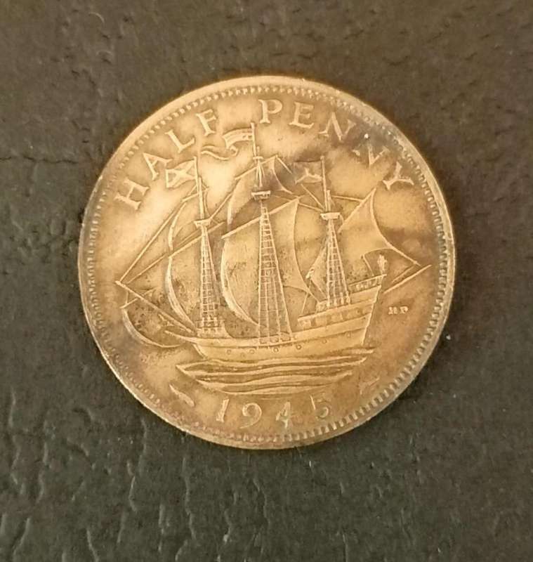 1945 British Half Penny  King George VI  Historic Bronze Coin