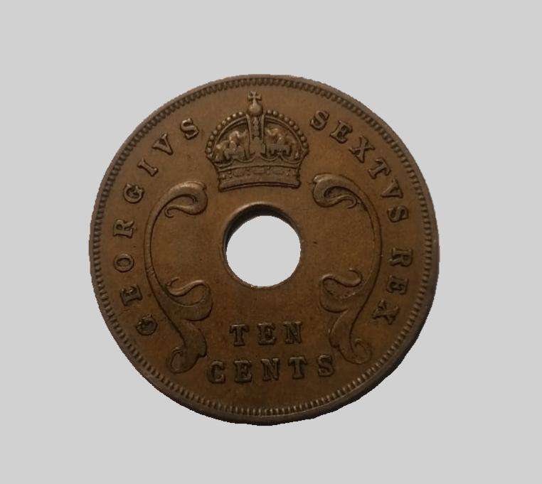 1952 East Africa 10 Cents Coin  King George VI  Bronze with Hole  Rare Colonial Coin