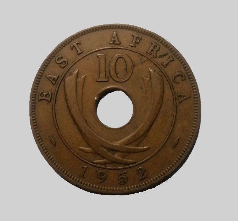 1952 East Africa 10 Cents Coin  King George VI  Bronze with Hole  Rare Colonial Coin