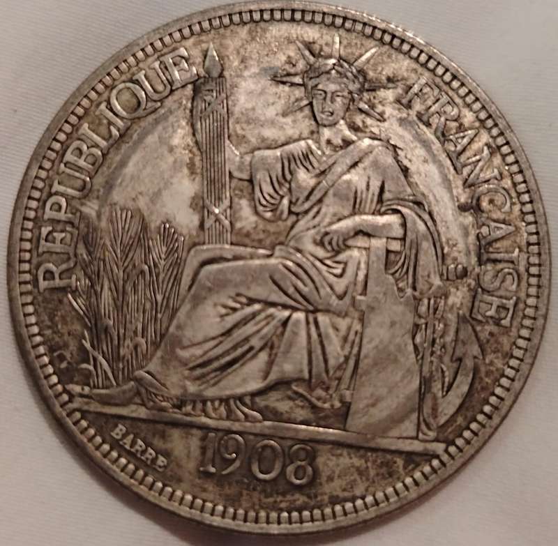 1908-A French Indo-China 1 Piastre Lot#JM7990 Large Silver,RARE, Mint Condition, Good Buy