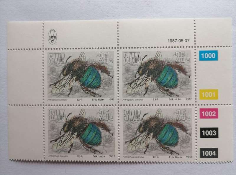 1987 SWA 25c Bee Stamp Block  Anthophora caerulea by Erik Holm  MNH with Colour Guide