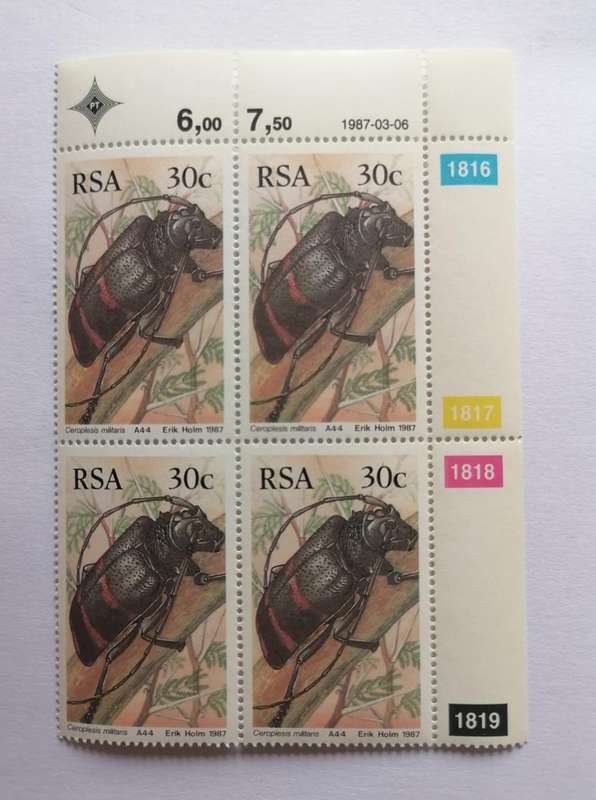 RSA 1987 Beetle Stamp Block (Ceroplesis militaris) - Erik Holm - MNH - SG 18161819