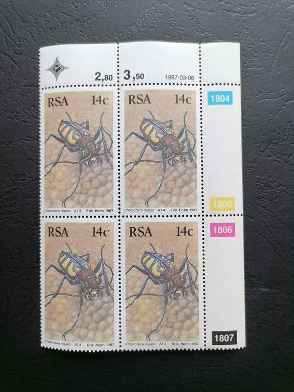 RSA 1987 Tiger Beetle Stamp Block  14c (Chaetodera regalis)  MNH  Erik Holm