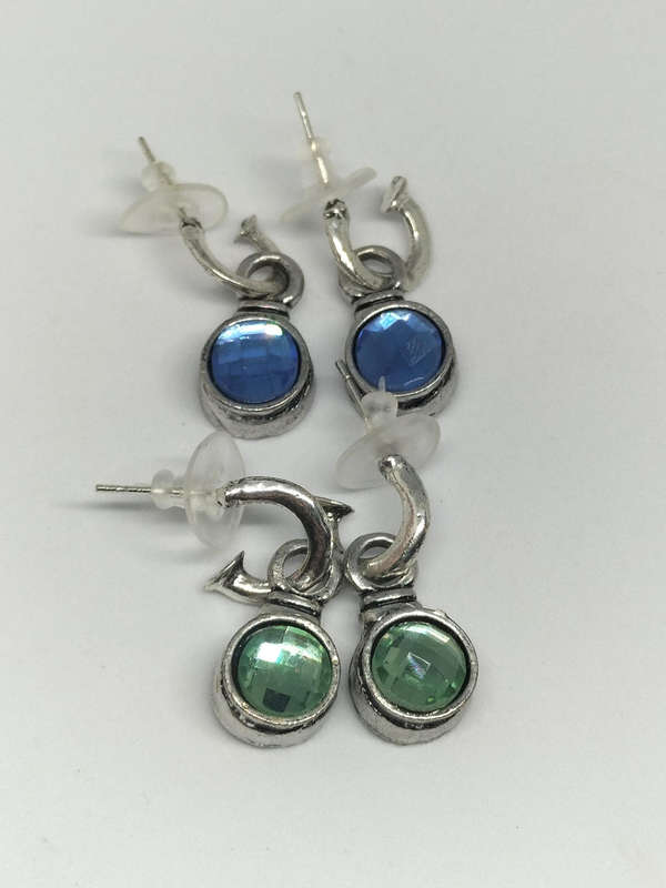 Earrings 2 Pairs Blue & Green Round Drop