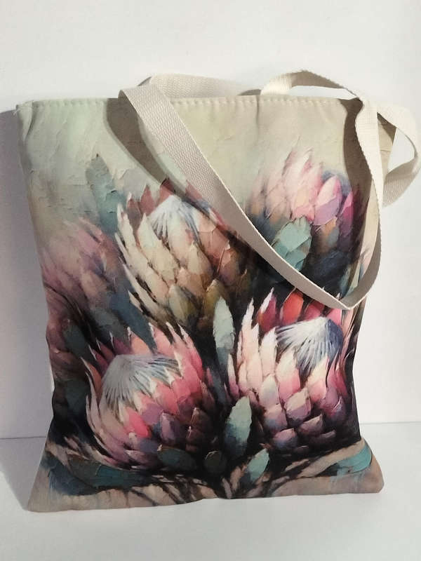 Material Tote Bag With Zipper Featuring a Beautiful Protea Design