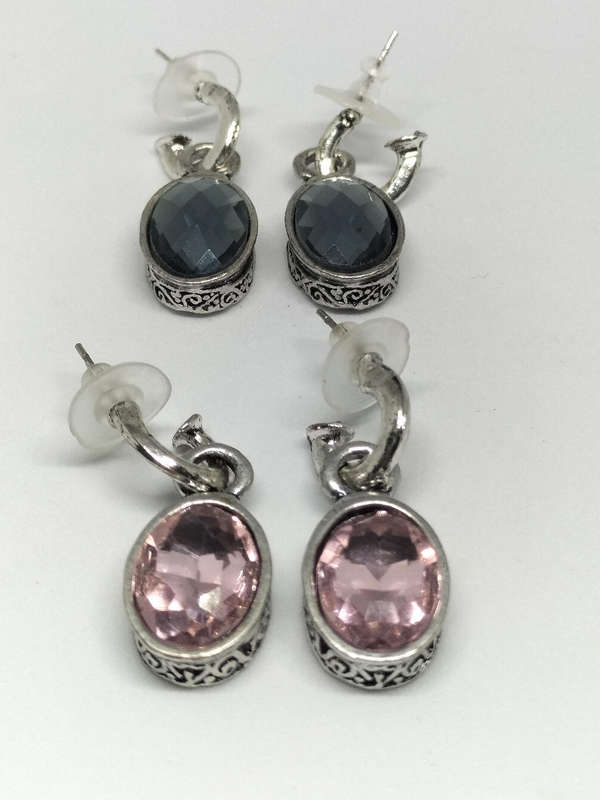 Earrings Oval Pink and Grey Crystal set of 2
