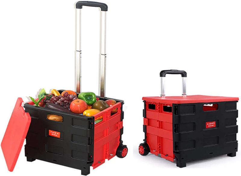Collapsible Rolling Crate  Portable Foldable Utility Trolley with Wheels & Telescopic Handle