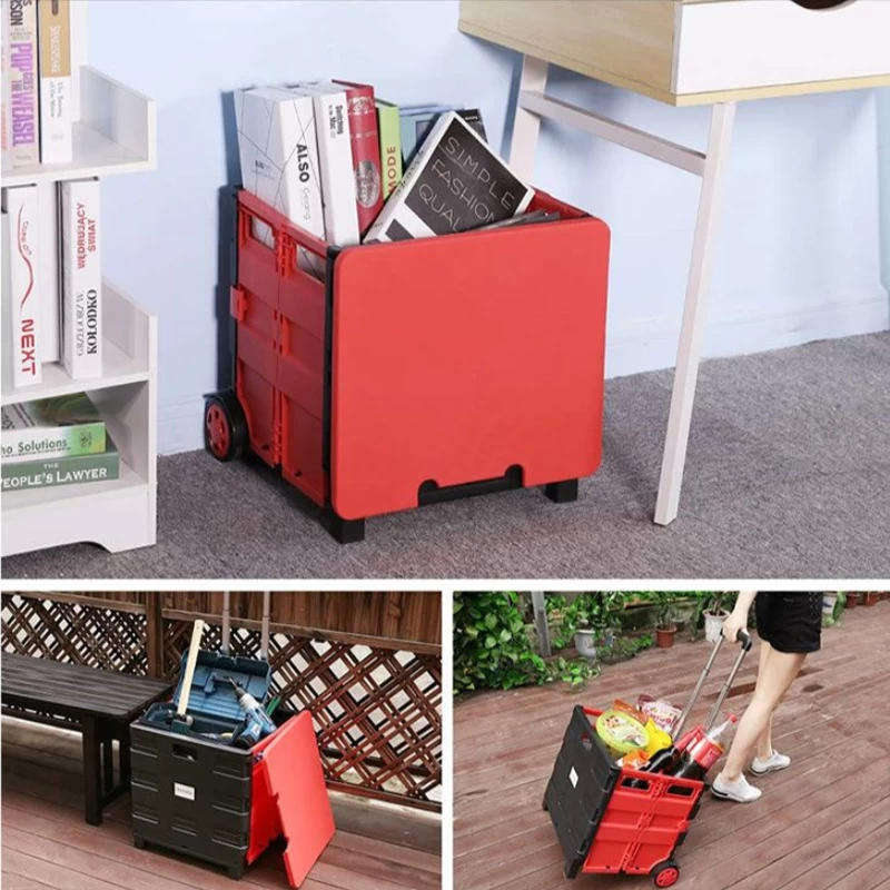Collapsible Rolling Crate  Portable Foldable Utility Trolley with Wheels & Telescopic Handle