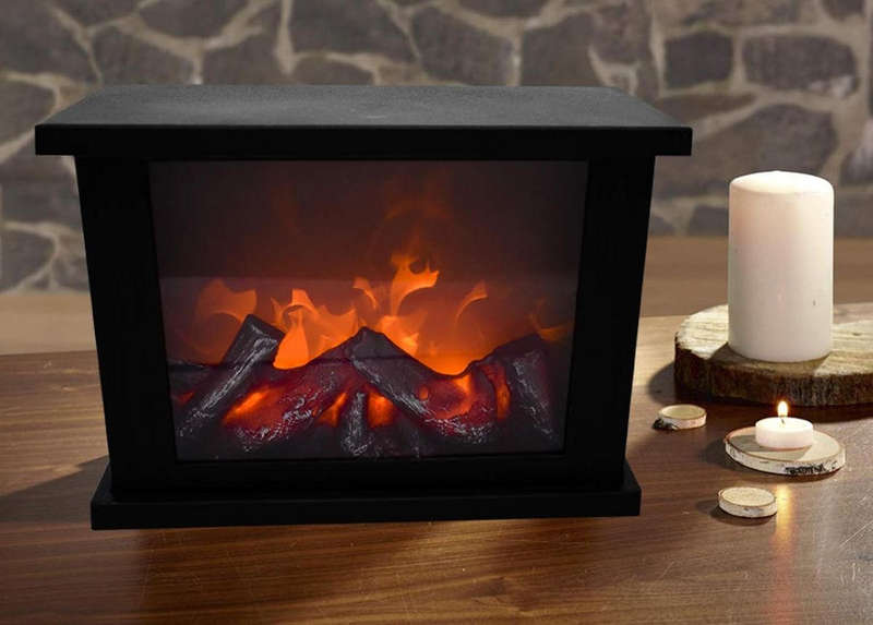 Square LED Flame Effect Fireplace Lantern - 29cm Compact & Portable Ambiance Light for Indoor & Outd