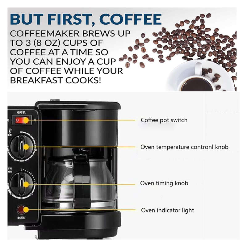9L 3-in-1 Multifunction Breakfast Station  Oven, Frying Pan & Coffee Machine Combo