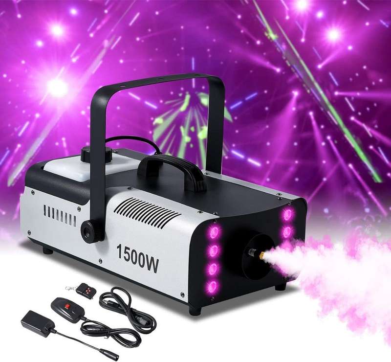 1500W Portable LED Stage Fog Smoke Machine  8-LED RGB Lights with Remote Control & Wired Controller