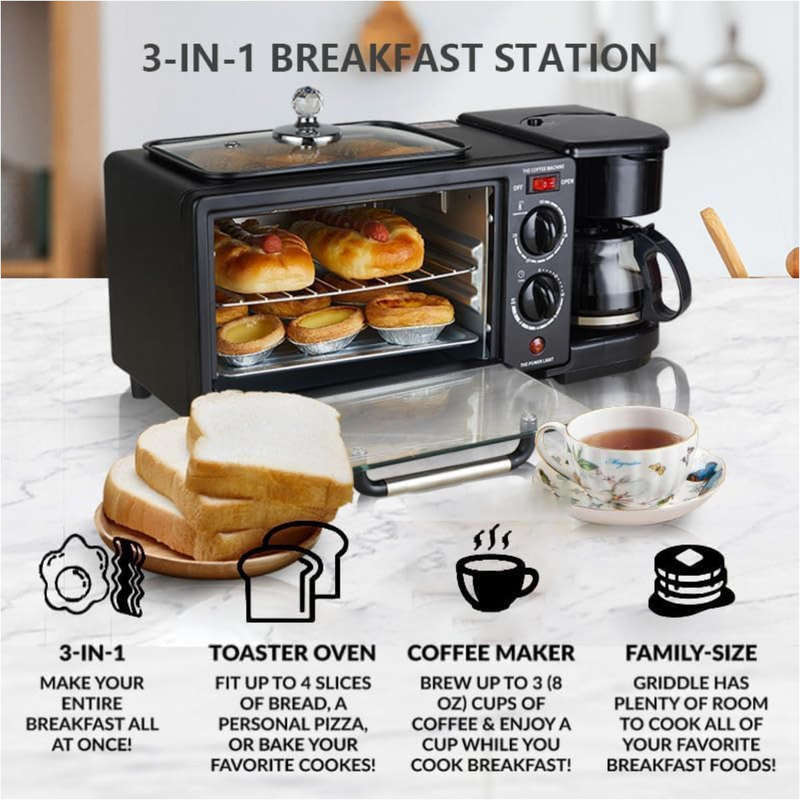 9L 3-in-1 Multifunction Breakfast Station  Oven, Frying Pan & Coffee Machine Combo