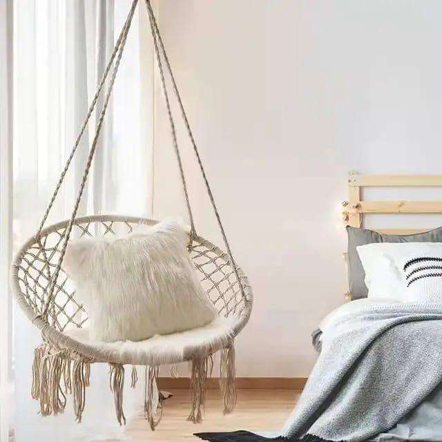 Hand-Woven Cotton Rope Hanging Hammock Chair - Single Person Swing Seat for Indoor & Outdoor Relaxat