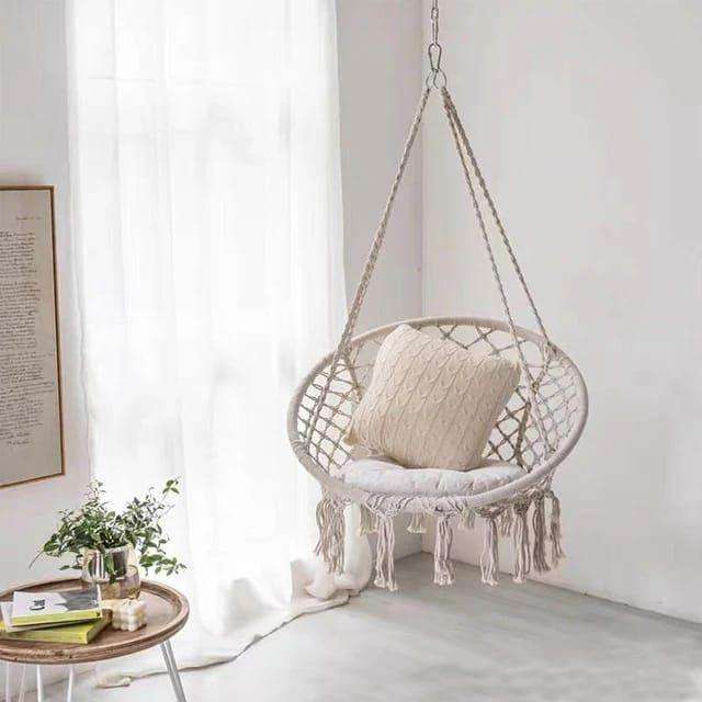 Hand-Woven Cotton Rope Hanging Hammock Chair - Single Person Swing Seat for Indoor & Outdoor Relaxat