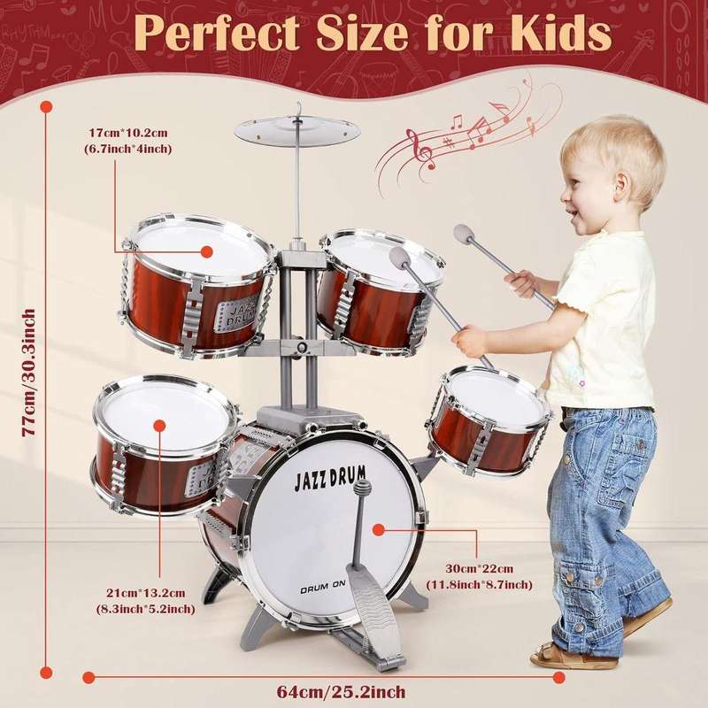 Kids' Junior 5-Piece Drum Set  Complete Musical Instrument Kit with Stool & Sticks  Ideal for Young
