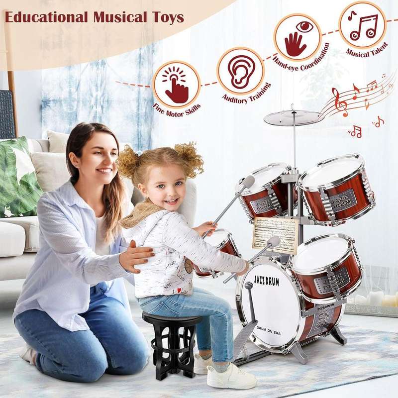 Kids' Junior 5-Piece Drum Set  Complete Musical Instrument Kit with Stool & Sticks  Ideal for Young