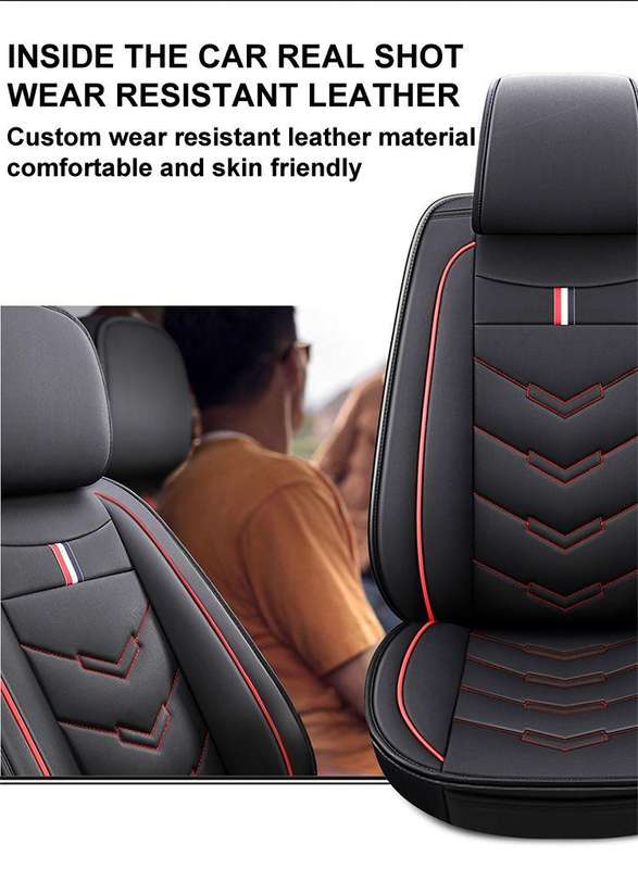 5-Piece Universal PU Leather Car Seat Cover Set  Red & Black  Front and Rear Seat Protection for M