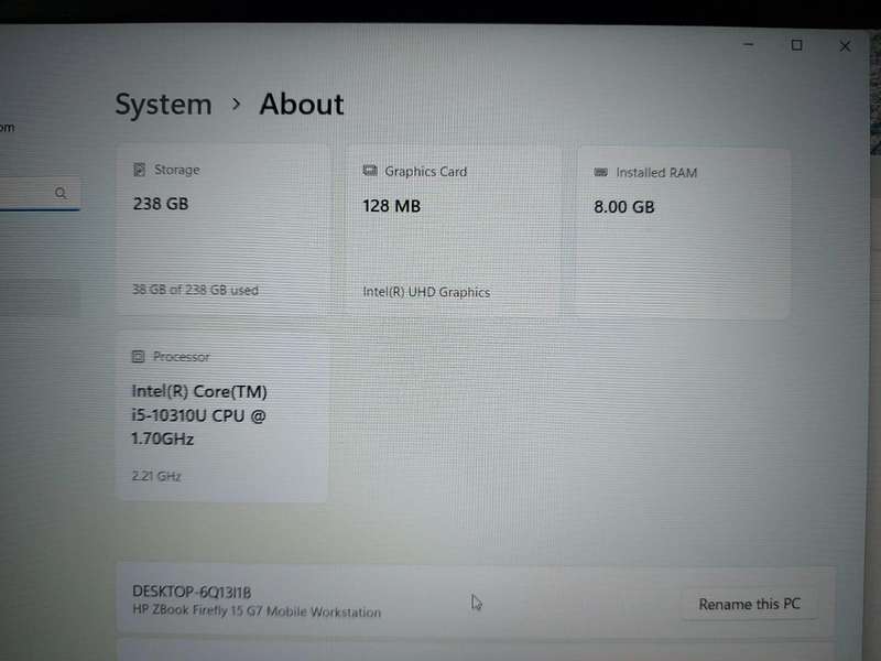 HP Zbook Firefly 15 G7 i5-10310U 1.7GHz 8GB Ram 256GB NVMe SSD