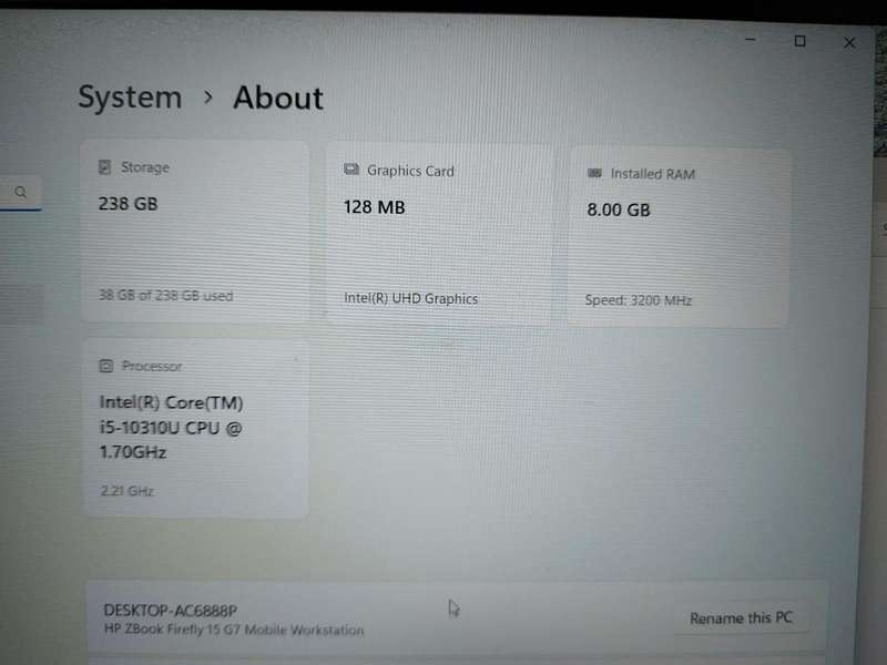 HP Zbook Firefly 15 G7 i5-10310U 1.7GHz 8GB Ram 238GB NVMe SSD