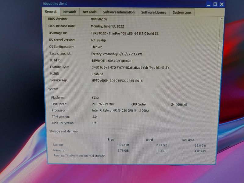 HP t430 Thin Client - Intel Celeron 1.1 GHz 4GB Ram 32GB