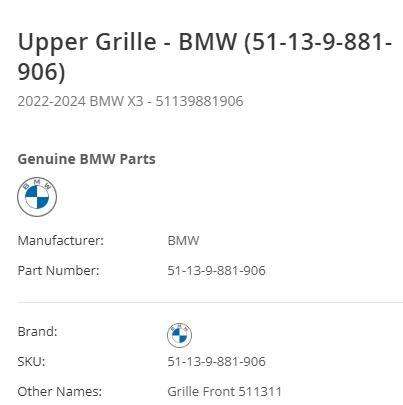 New Chrome grille for BMW X3 2022-2024 - (51-13-9-881-906)
