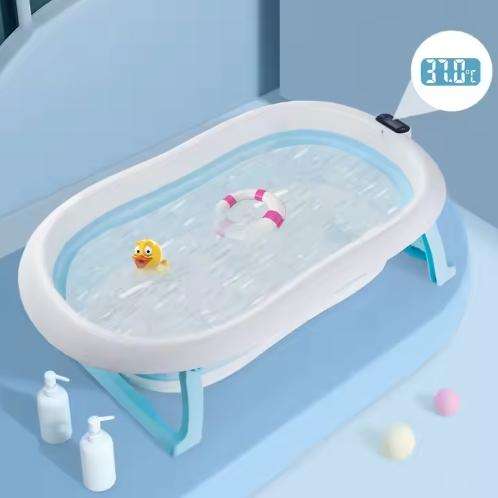 Foldable Baby Bath Tub,Newborn Baby Tub with Soft Bath Mat and Real Time Water Temperature Display