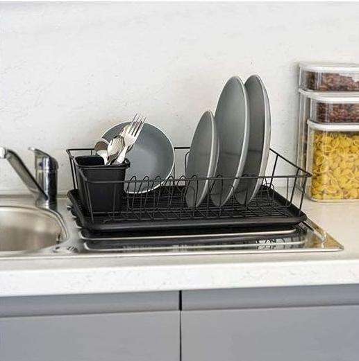 Dish Rack Drainer With Drip Tray & Cutlery Holder - Black