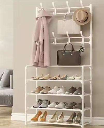 Multifunction 4 -Tier Coat & Shoe Shelf Rack Organizer With 8 Hooks