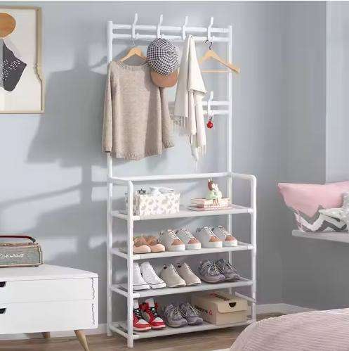 Multifunction 4 -Tier Coat & Shoe Shelf Rack Organizer With 8 Hooks