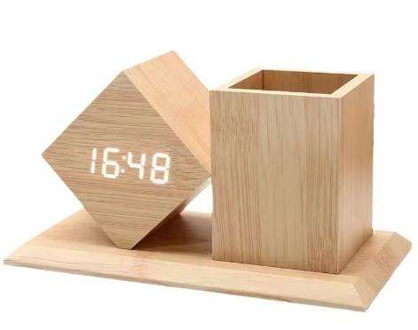 LED Clock Student Wooden Battery Powered LED Digital Pen Holder Alarm Clock