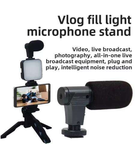 Portable Vlogging Kit With LED Light And Microphone- Black