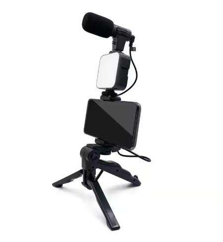 Portable Vlogging Kit With LED Light And Microphone- Black