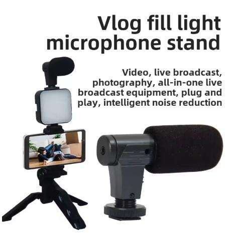 Portable Vlogging Kit With LED Light And Microphone- Black