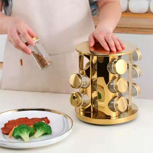 12-Jar Rotating Stainless Steel Spice Rack Organizer with Lids for Spices