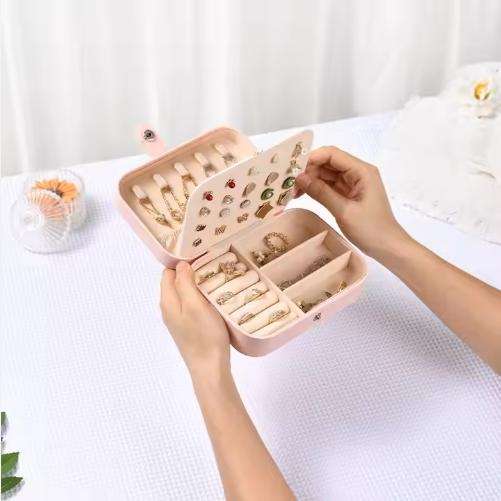 Dual Layer PU Leather Compact Portable Jewelry Box Organizer