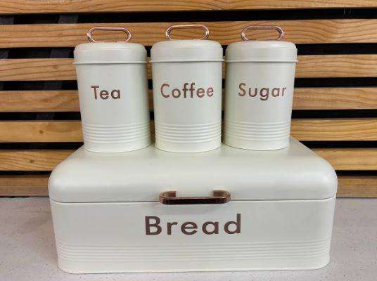 Kitchen Storage Set, Black Bread Bin and Canisters, 4-Piece Set with Gold Labels (BLACK)