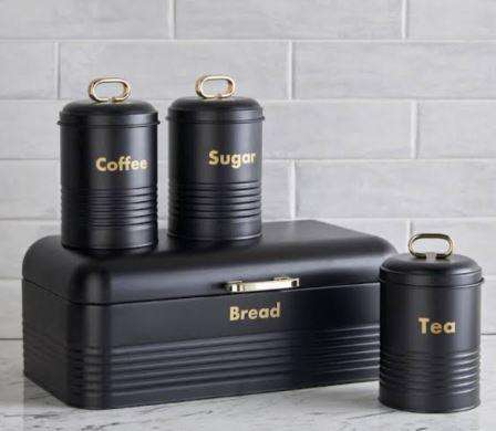 Kitchen Storage Set, Black Bread Bin and Canisters, 4-Piece Set with Gold Labels (BLACK)