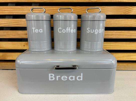 Kitchen Storage Set, Black Bread Bin and Canisters, 4-Piece Set with Gold Labels (BLACK)