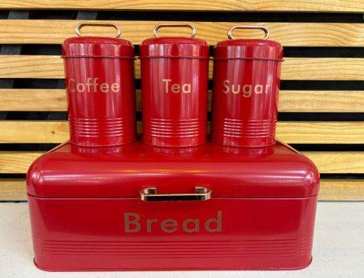 Kitchen Storage Set, Black Bread Bin and Canisters, 4-Piece Set with Gold Labels (BLACK)