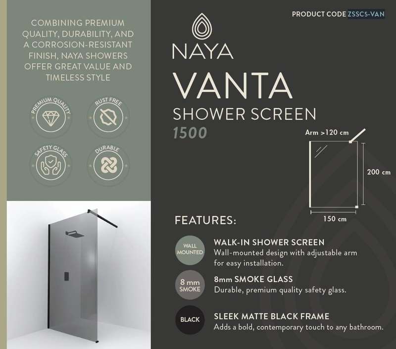 NAYA - Vanta Shower Screen Euro Grey Black 1500x2000x8mm