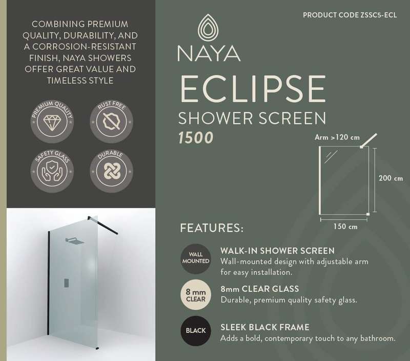 NAYA - Eclipse Shower Screen Clear Black 1500x2000x8mm