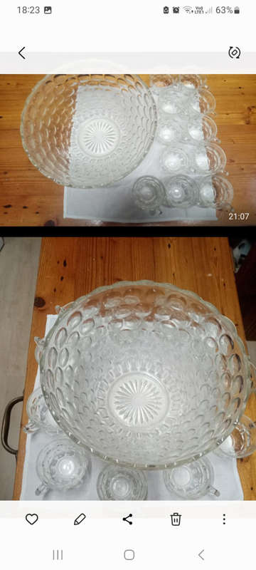 Spanish Glass Large Bowl with 10 Matching Glass Cups